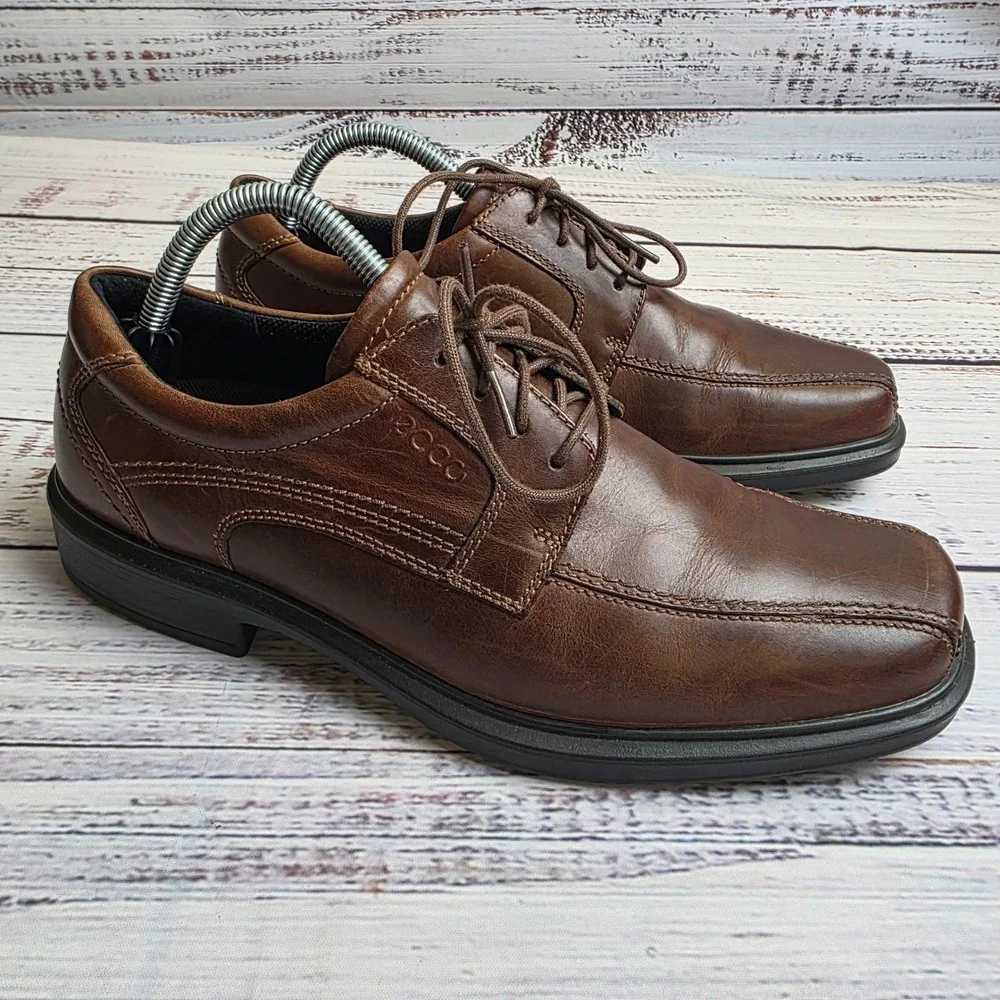 ECCO Helsinki Mens 42 Brown Leather Bicycle Toe Lace Up Derby Oxford Shoes Dress
